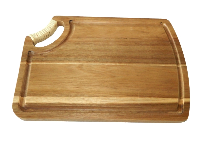 Superior Acacia Wood Cutting Board with Rattan Wrapped Handle - Juice Groove Prep Block